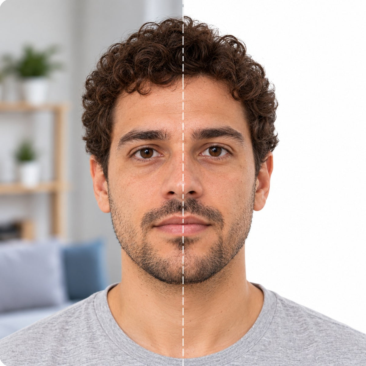 The same man before and after: half in his living room, half on a plain white photo background