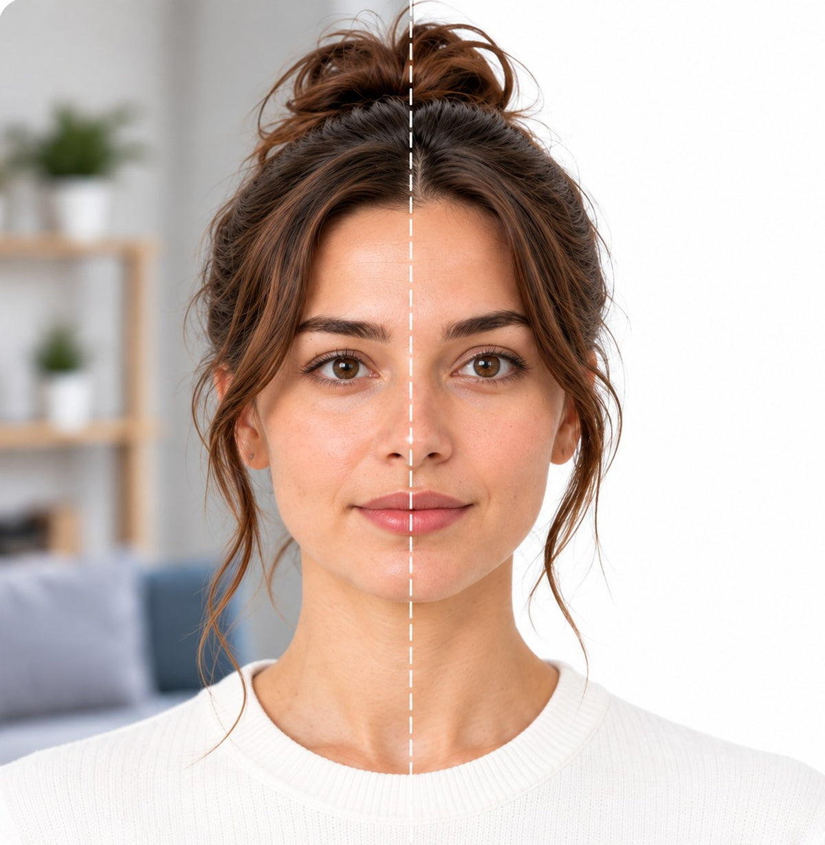 The same woman before and after: half in her living room, half on a plain white passport photo background