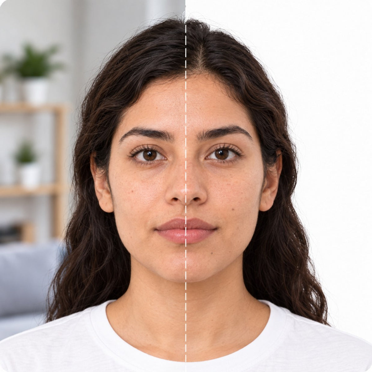 The same woman before and after: half in her living room, half on a plain white photo background