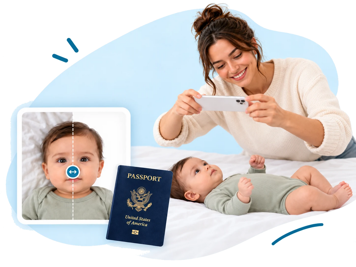 A mother photographing her baby from above as the baby lies on a white sheet, beside the finished passport photo and a US passport