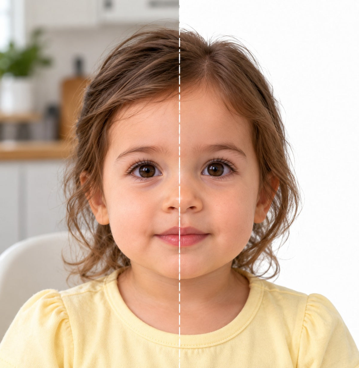 The same toddler before and after: half in her kitchen high chair, half on a plain white passport photo background