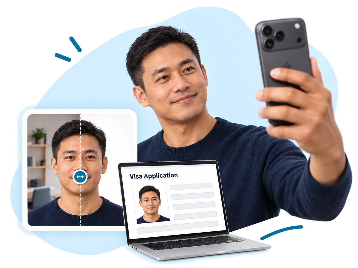 A man taking a selfie on his phone, beside a before and after of his visa photo and a laptop showing a visa application form