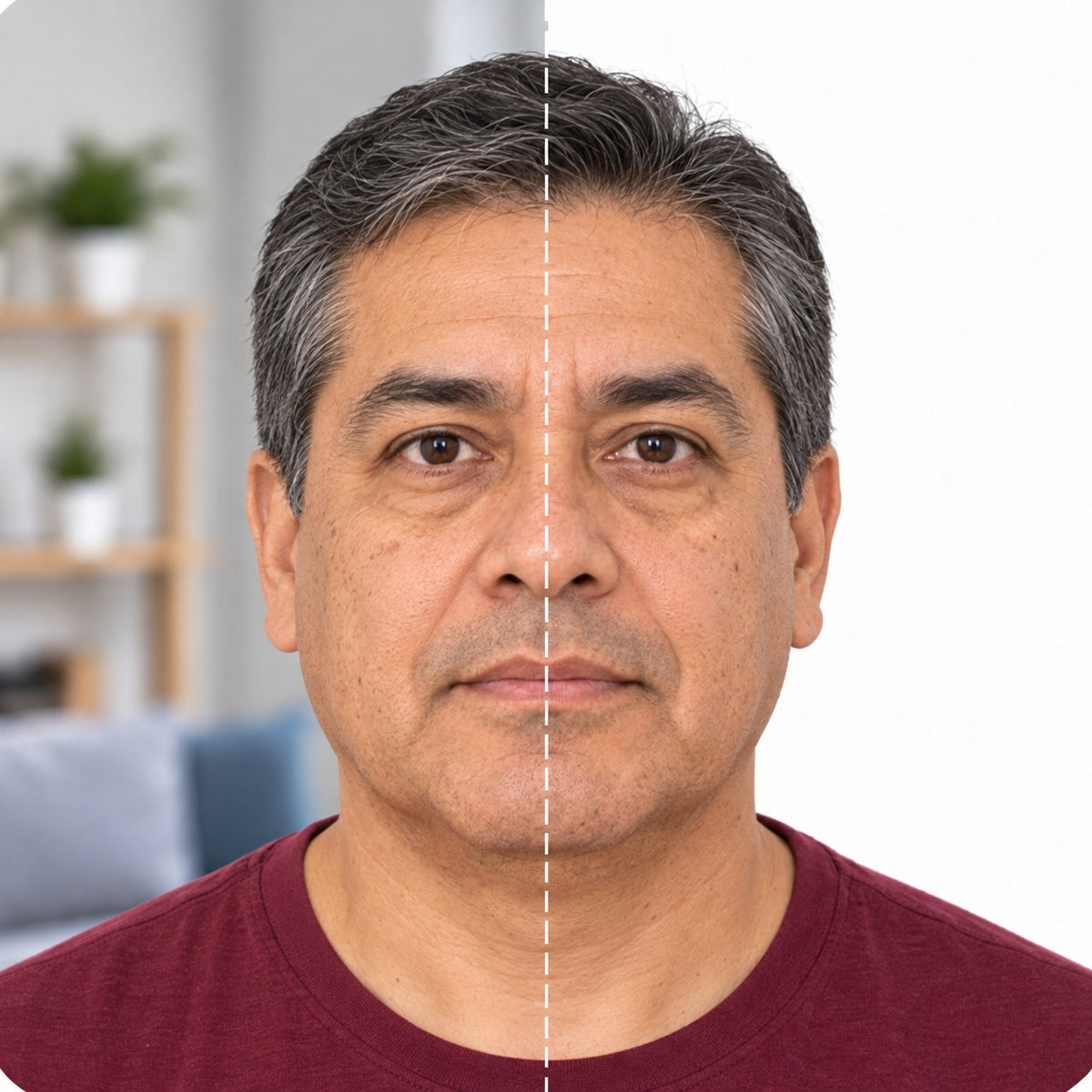 The same man before and after: half in his living room, half on a plain white photo background