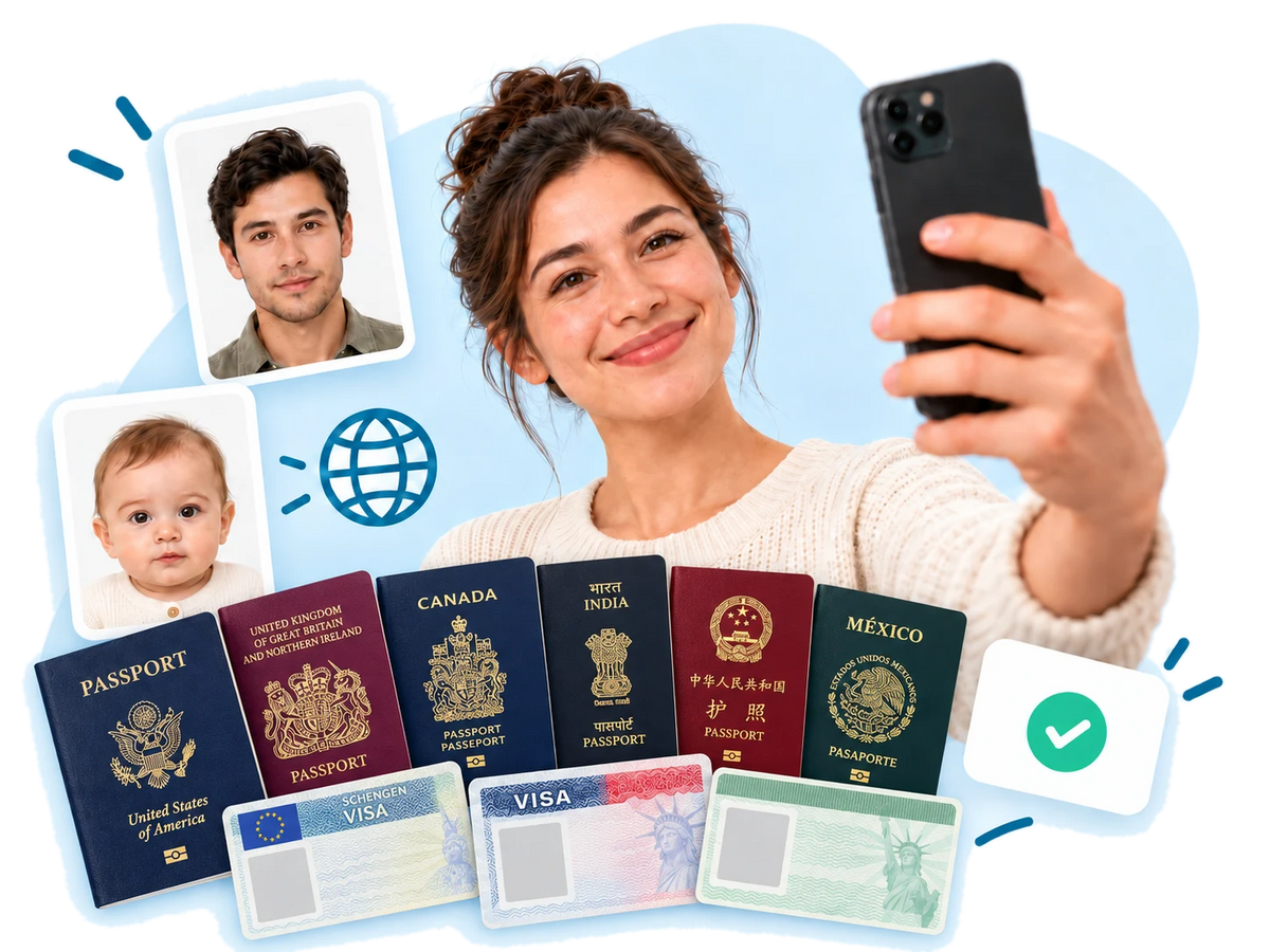 A woman taking a passport photo selfie beside passports from the US, UK, Canada, India, China and Mexico, a Schengen visa, a US visa and a green card