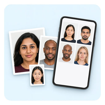 Printed photos of different people and sizes next to a phone showing more photos