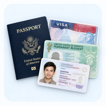 A passport, a visa, an ID card and a permanent resident card together