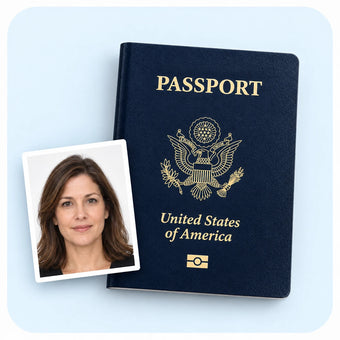 A United States passport with a printed photo of a woman in front