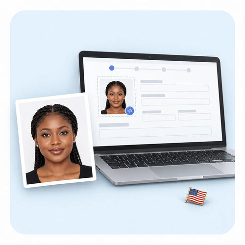 A laptop showing an online entry form, with a finished photo beside it