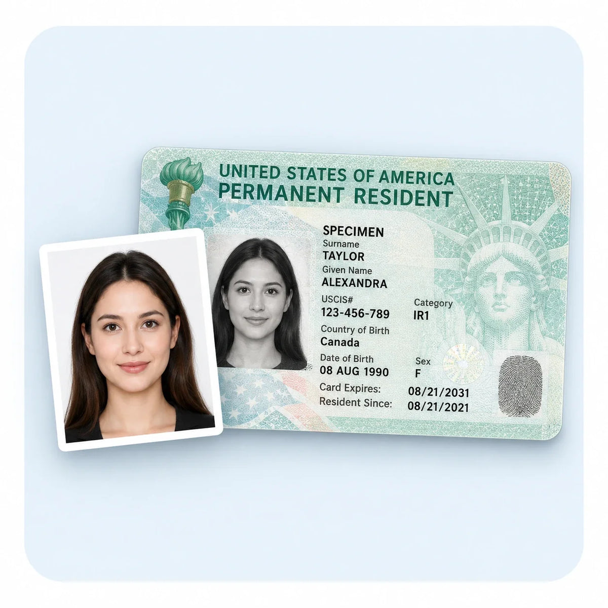 A green card with a printed photo
