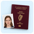 An Irish passport with a printed passport photo