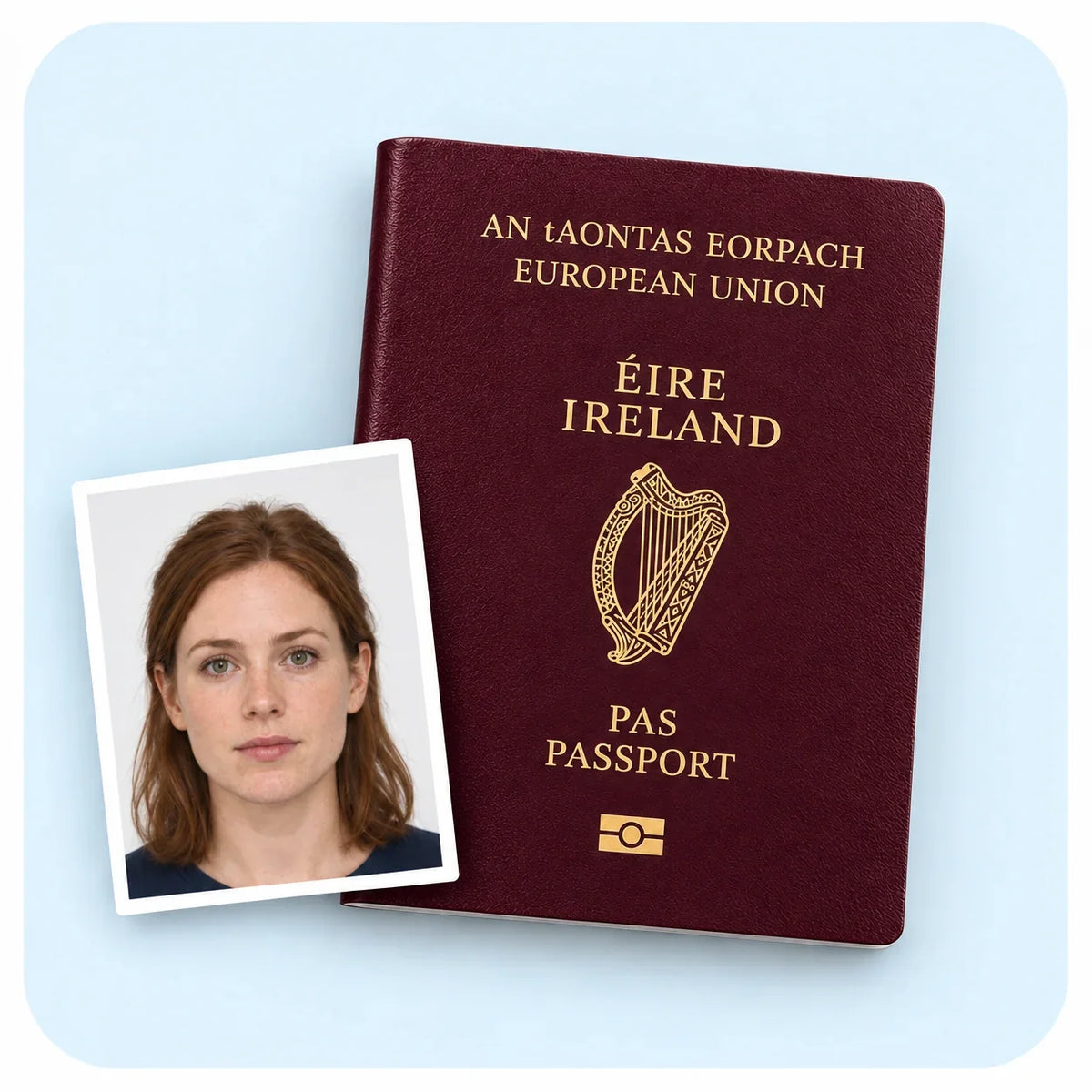 An Irish passport with a printed passport photo