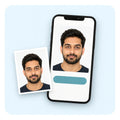 A phone showing a finished photo, with a printed photo beside it