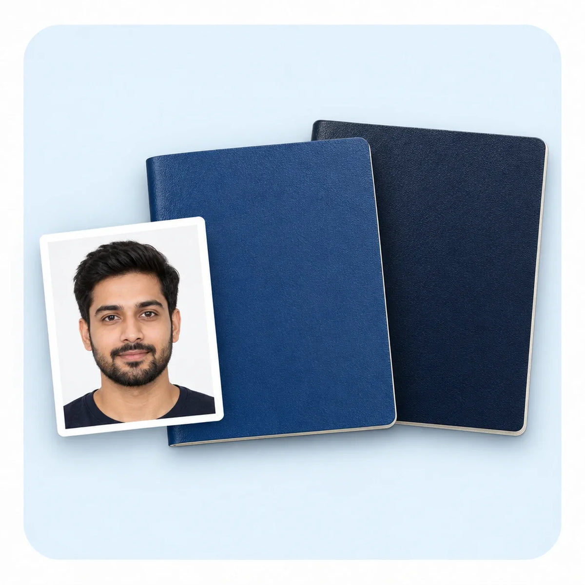 An OCI style booklet and a passport, with a finished photo beside them