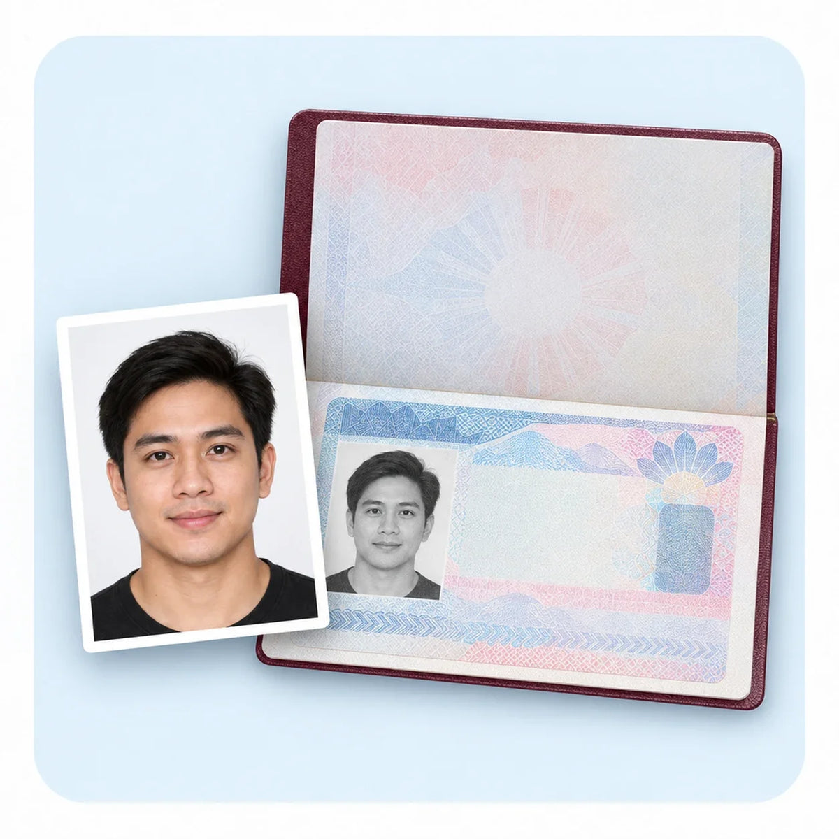 A passport open at a visa sticker, with a finished photo beside it