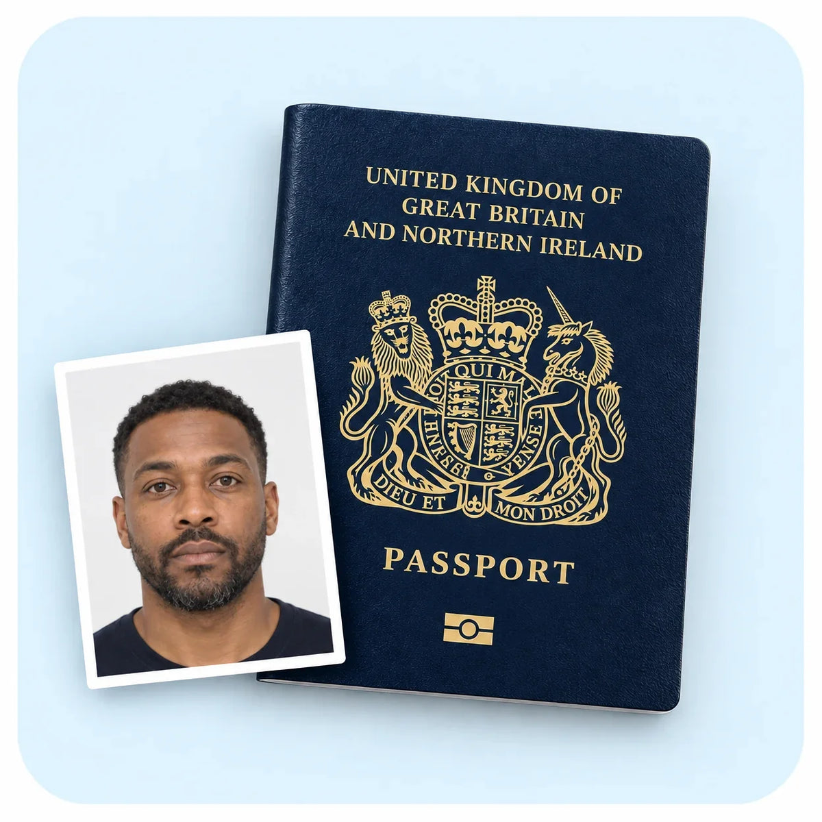 A UK passport with a printed passport photo