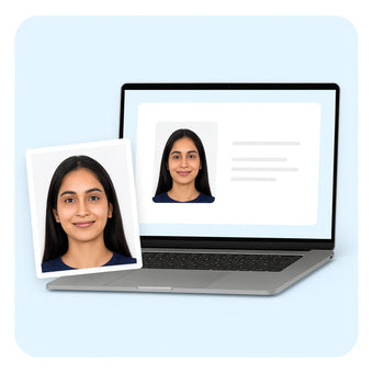 A laptop showing a photo upload page, with a printed photo of a woman beside it