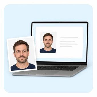 A laptop showing a photo upload page, with a printed photo of a man beside it