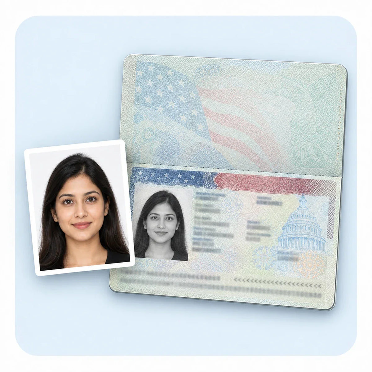 A passport open at a US visa, with a finished photo beside it
