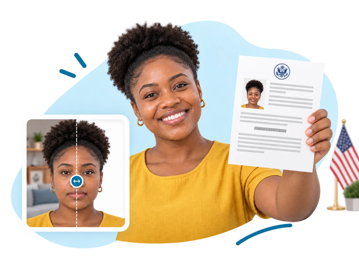 A smiling woman holding up her printed DV lottery entry confirmation with her photo on it, beside a before and after of her photo and a US flag
