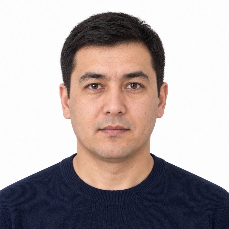 A finished DV lottery photo of a man on a plain white background, with its measurements marked