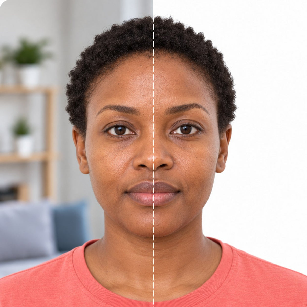 The same woman before and after: half in her living room, half on a plain white photo background