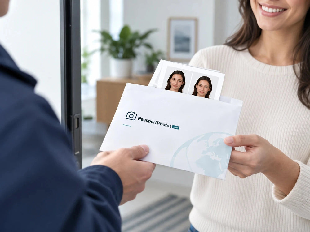 A courier handing over an envelope of printed passport photos at the door