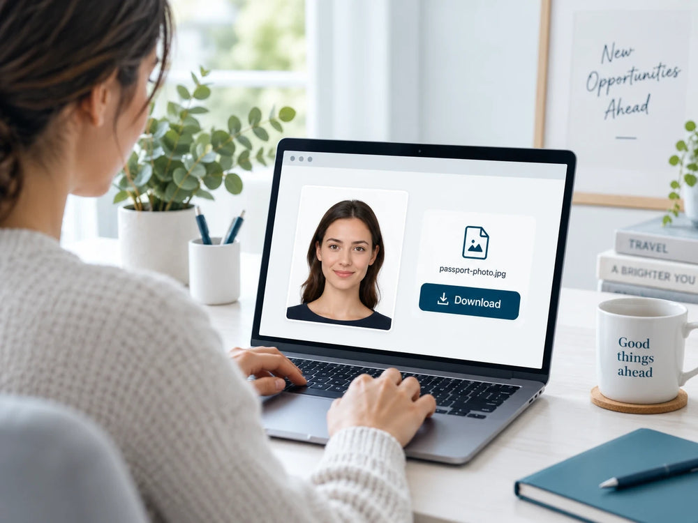 A woman at a laptop downloading her finished passport photo