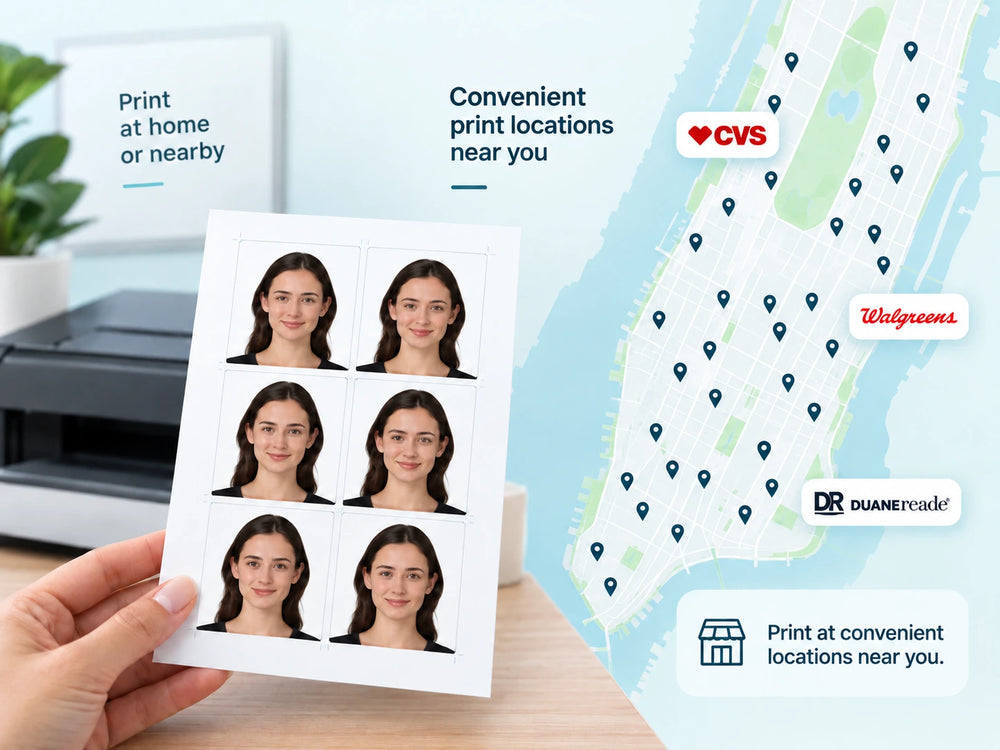 A hand holding a 4 by 6 inch sheet of six passport photos beside a printer
