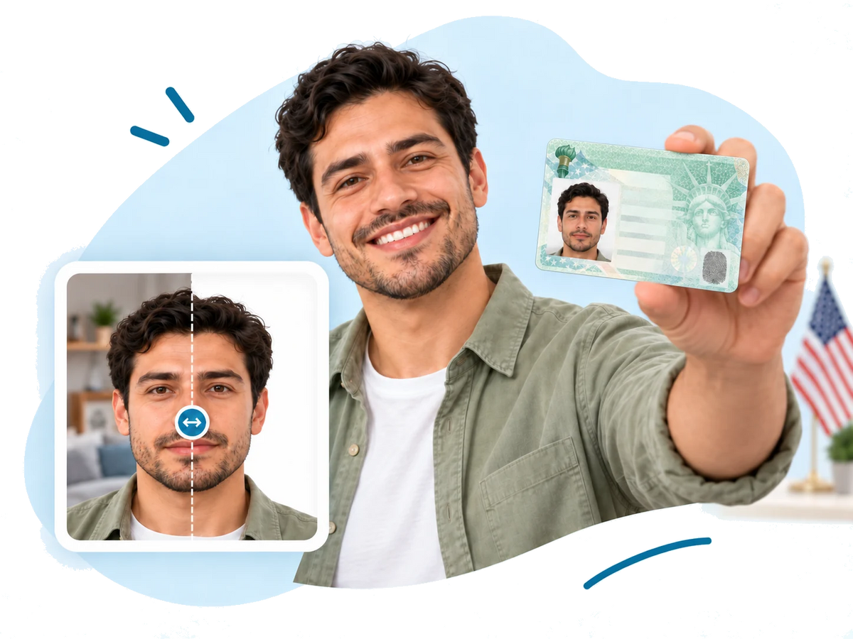 A smiling man holding up his green card with his finished photo on it, beside a before and after of his photo and a US flag
