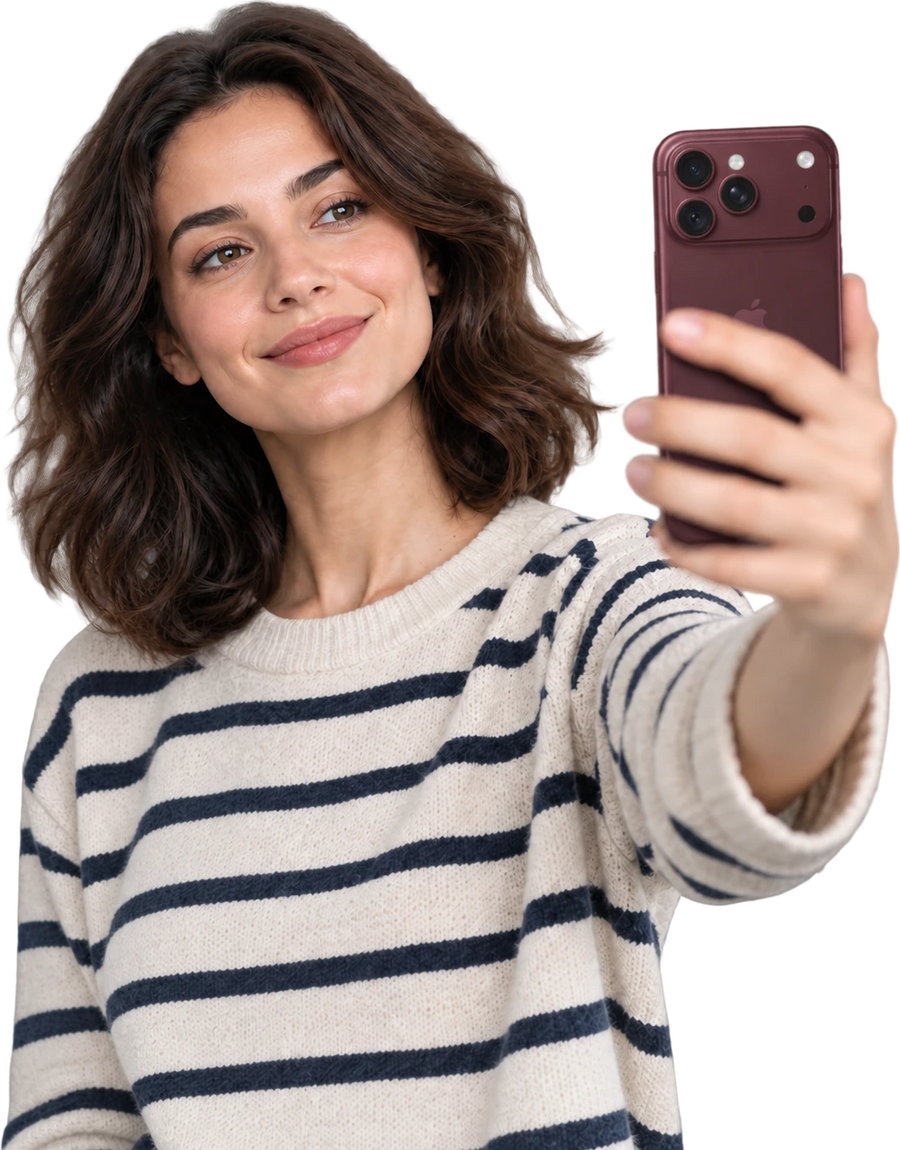 A woman in a striped jumper holding up her phone to take a selfie