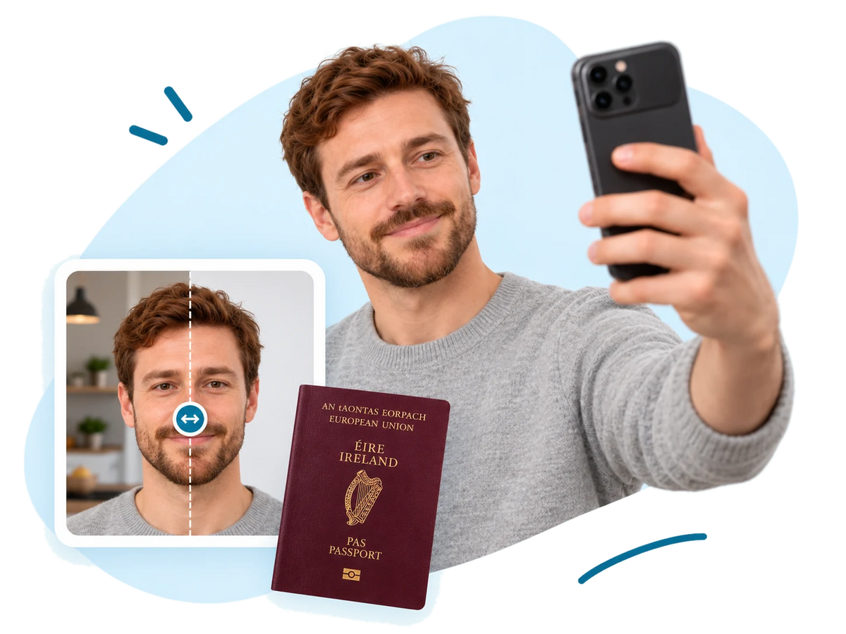 A man taking a selfie on his phone, beside a before and after of his passport photo and an Irish passport