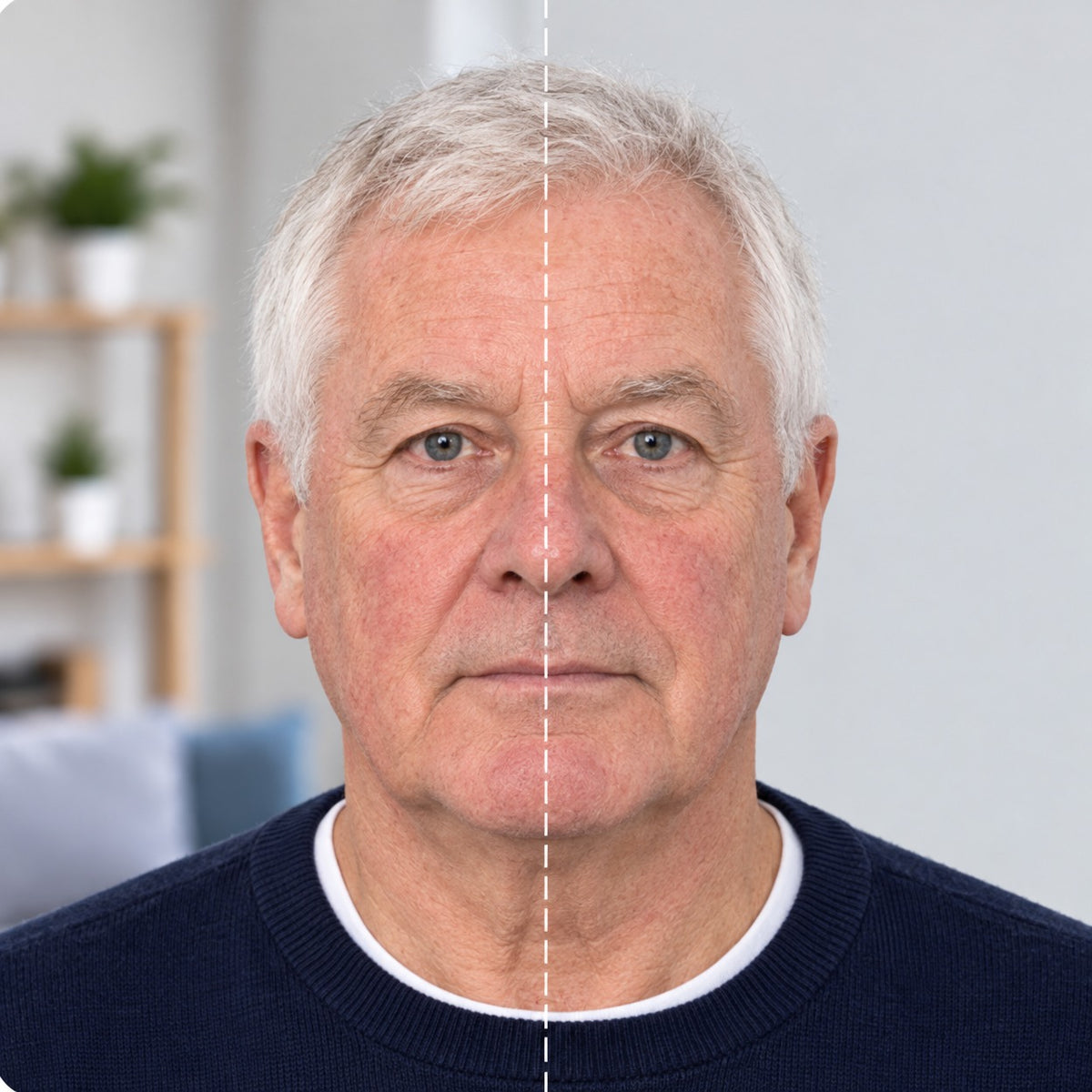 The same man before and after: half in his living room, half on a plain light grey photo background