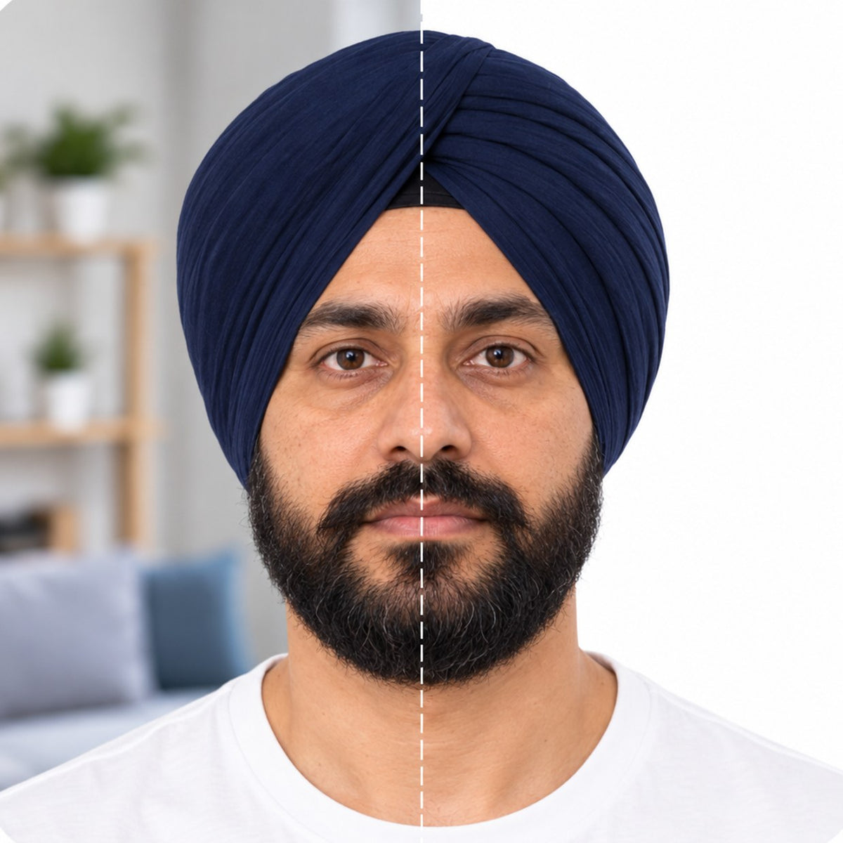 The same man before and after: half in his living room, half on a plain white photo background