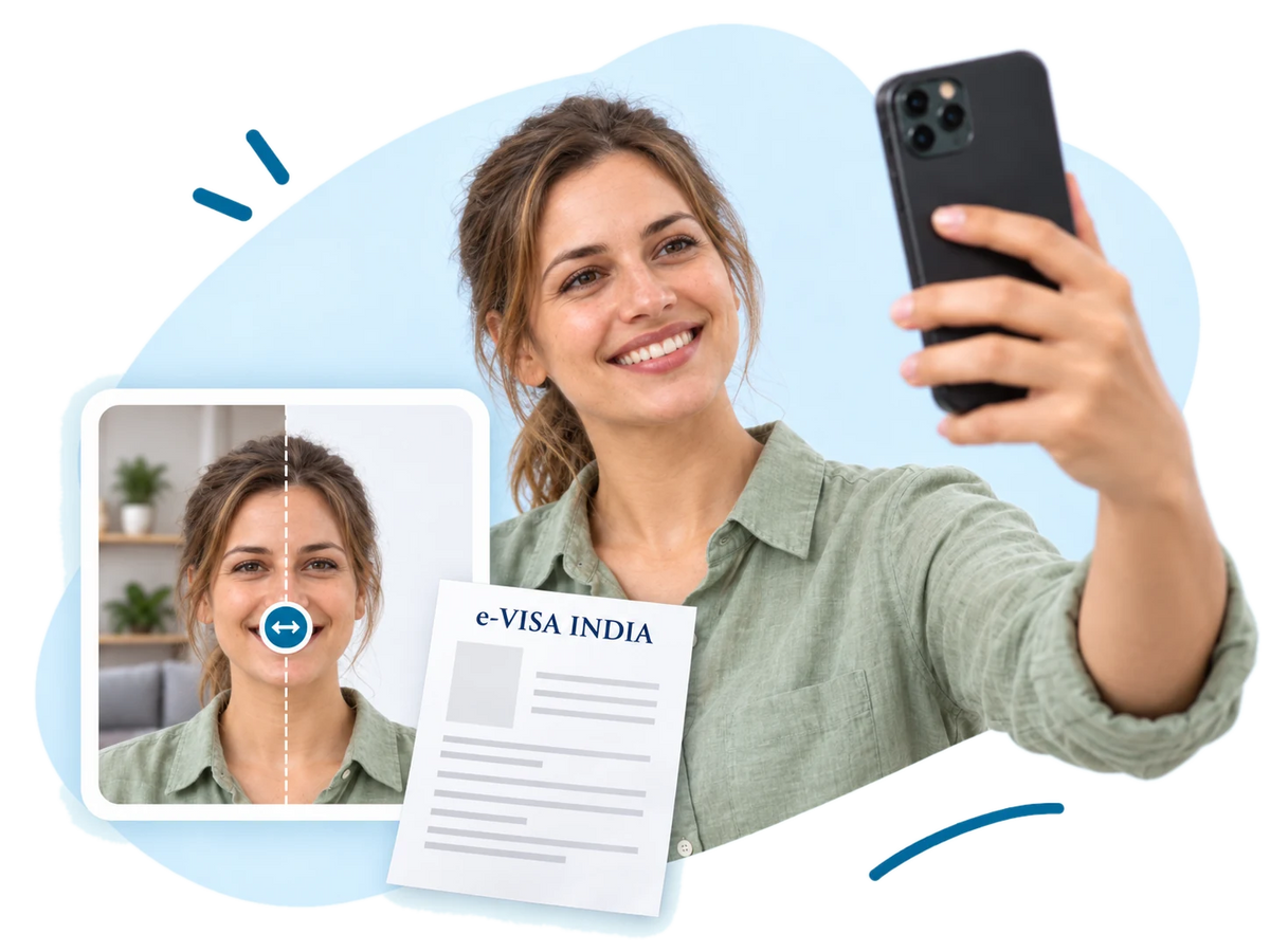 A smiling woman taking a selfie on her phone, beside a before and after of her photo and a printed India e-Visa