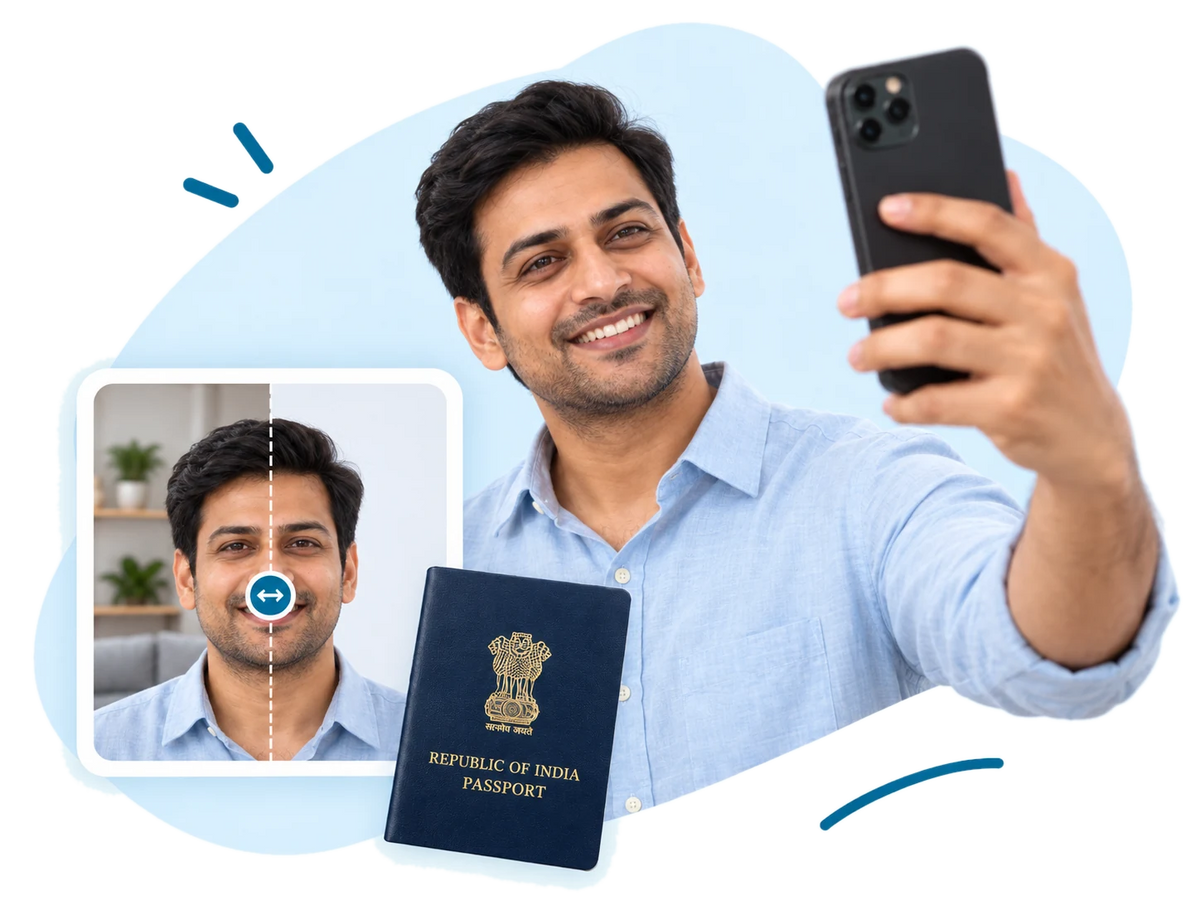 A smiling man taking a selfie on his phone, beside a before and after of his photo and an Indian passport