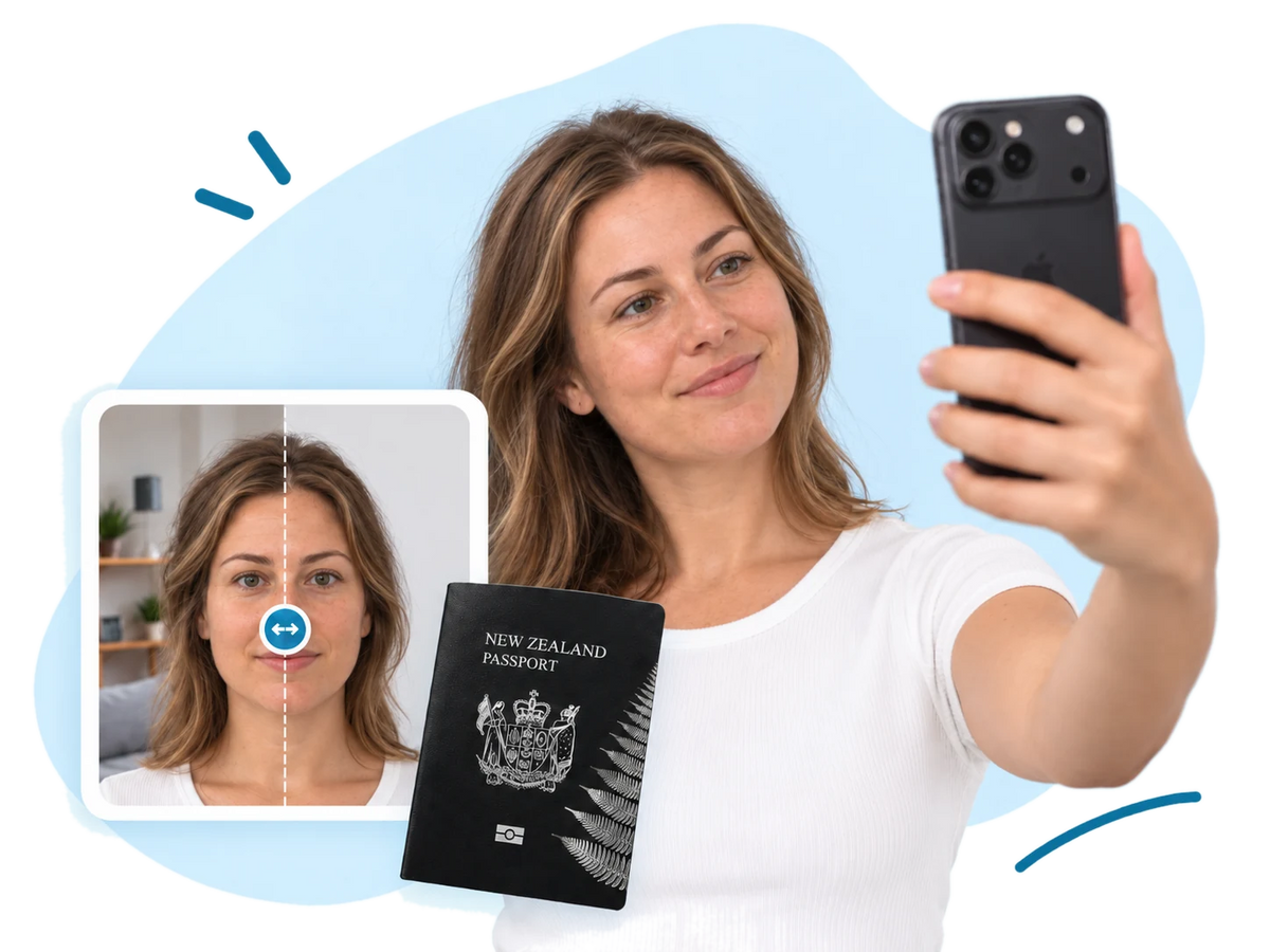 A woman taking a selfie on her phone, beside a before and after of her passport photo and a New Zealand passport