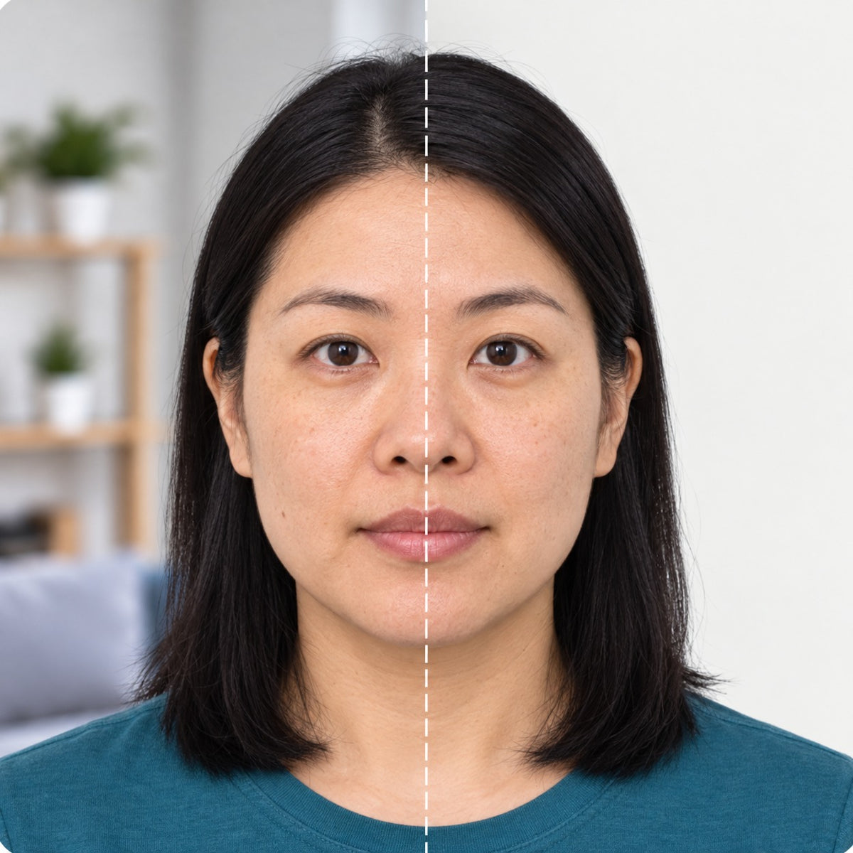The same woman before and after: half in her living room, half on a plain light photo background