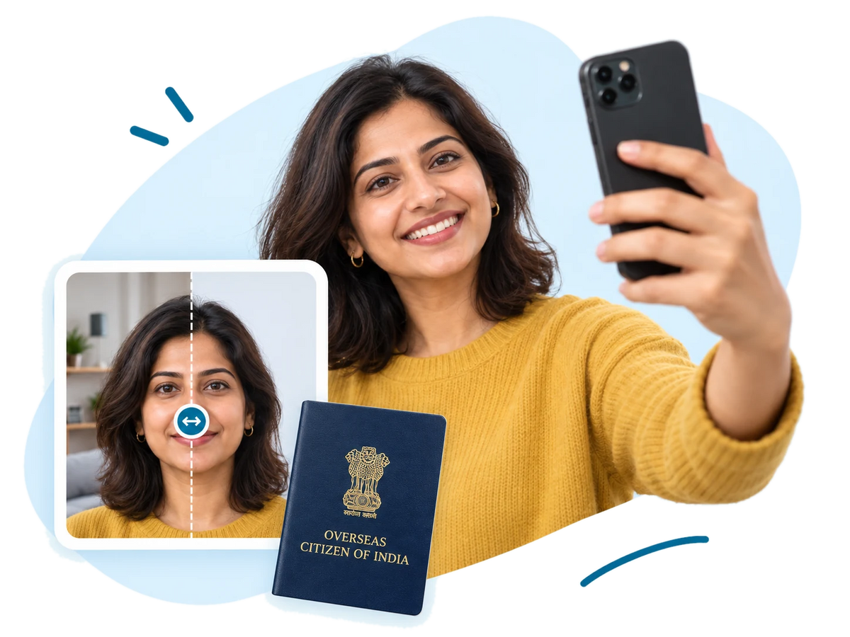 A smiling woman taking a selfie on her phone, beside a before and after of her photo and an Overseas Citizen of India card booklet