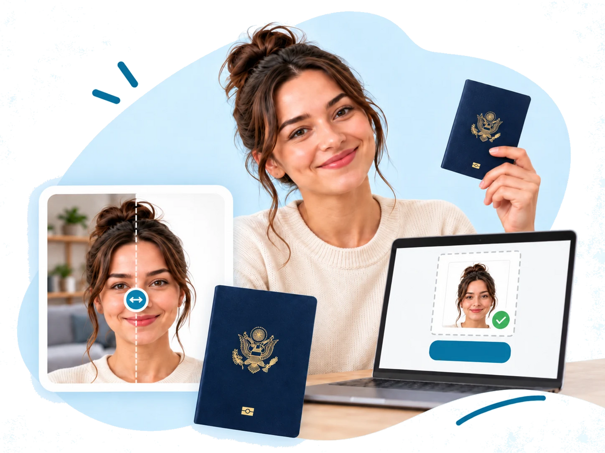 A woman at her laptop uploading her finished passport photo for an online passport renewal, holding her passport