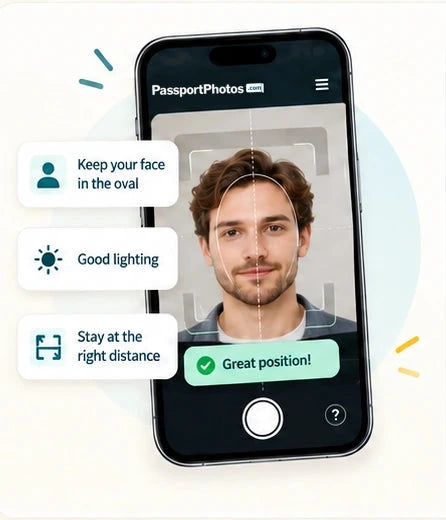A phone showing the camera guide with prompts for face position, lighting and distance