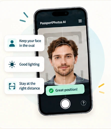 A phone showing the camera guide with prompts for face position, lighting and distance