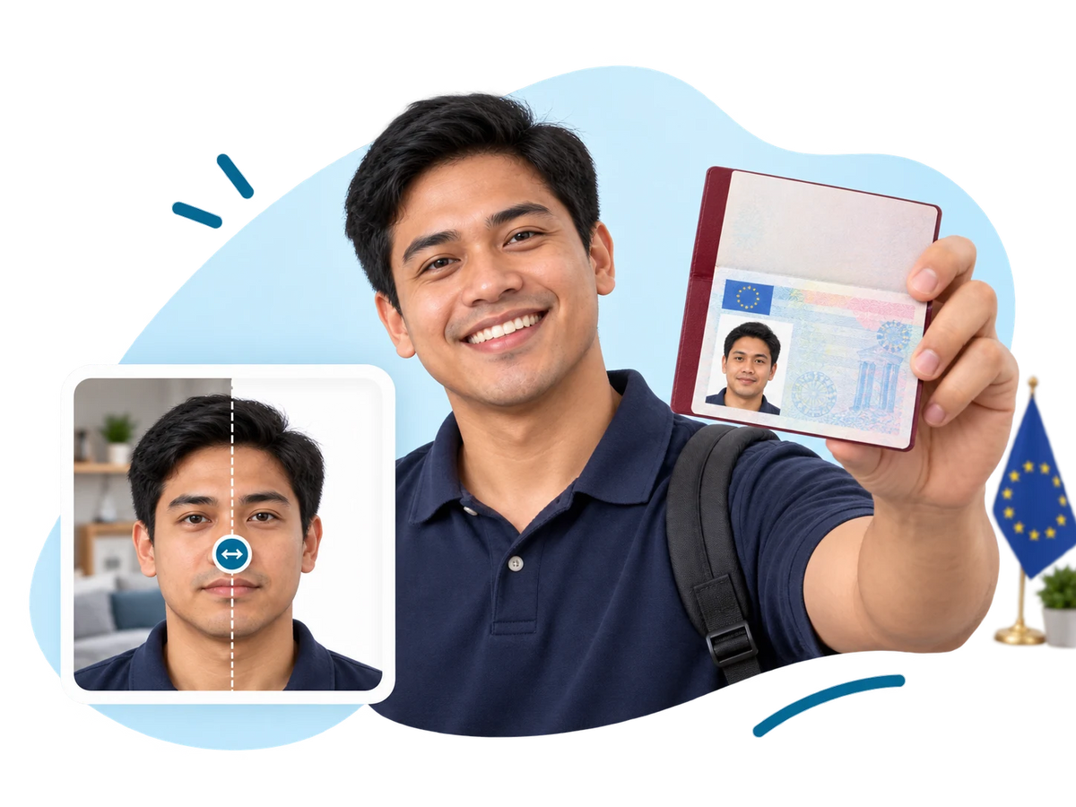 A smiling man holding up his passport open at a visa sticker, beside a before and after of his photo and a European flag