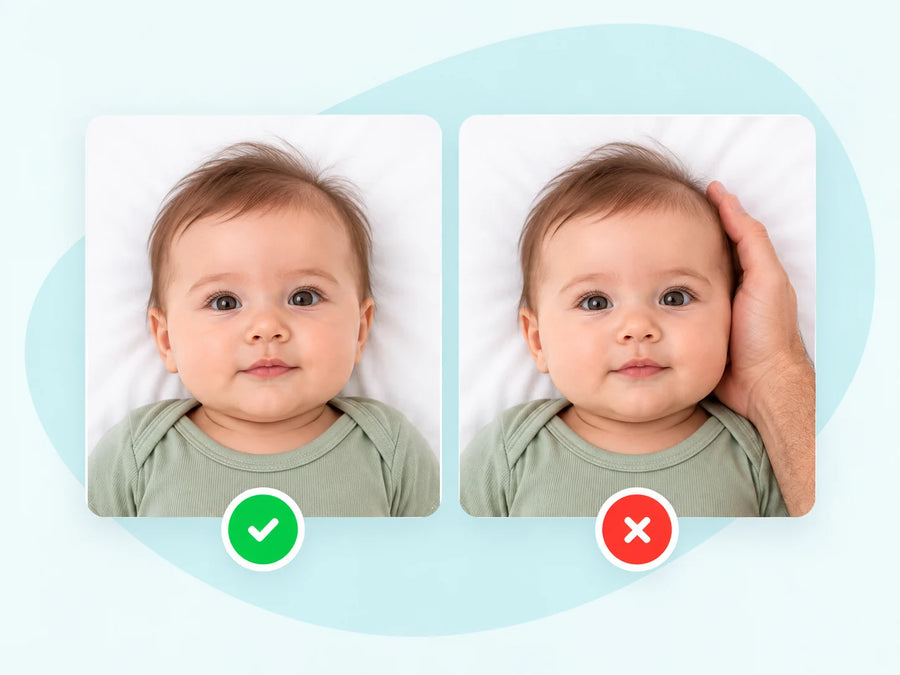 Two photos of a baby side by side, one alone on a white sheet and one with a parent's hand at her head