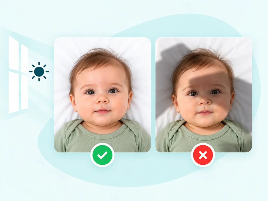 Two photos of a baby side by side, one evenly lit and one with a shadow across her face