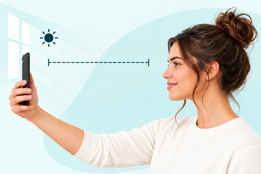 A woman holding a phone at arm's length, with the distance to her face marked