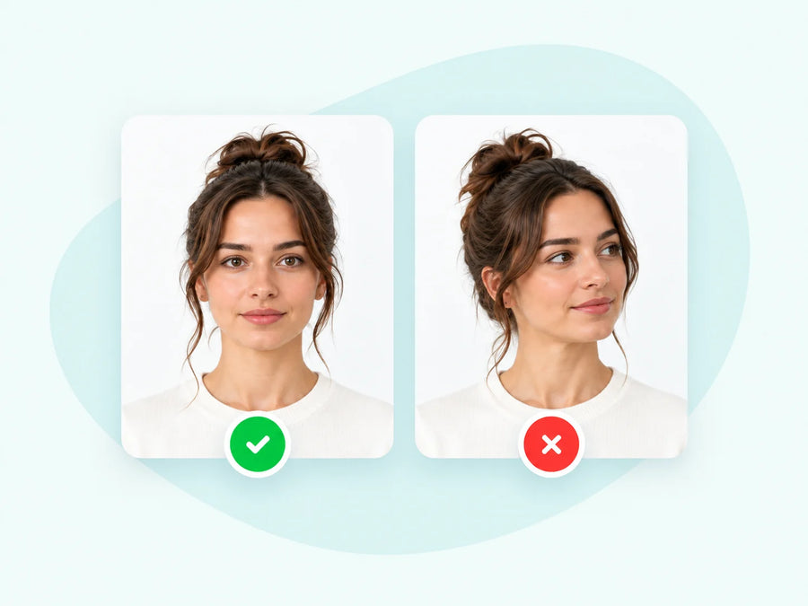 Two photos of a woman side by side, one facing the camera squarely and one turned away
