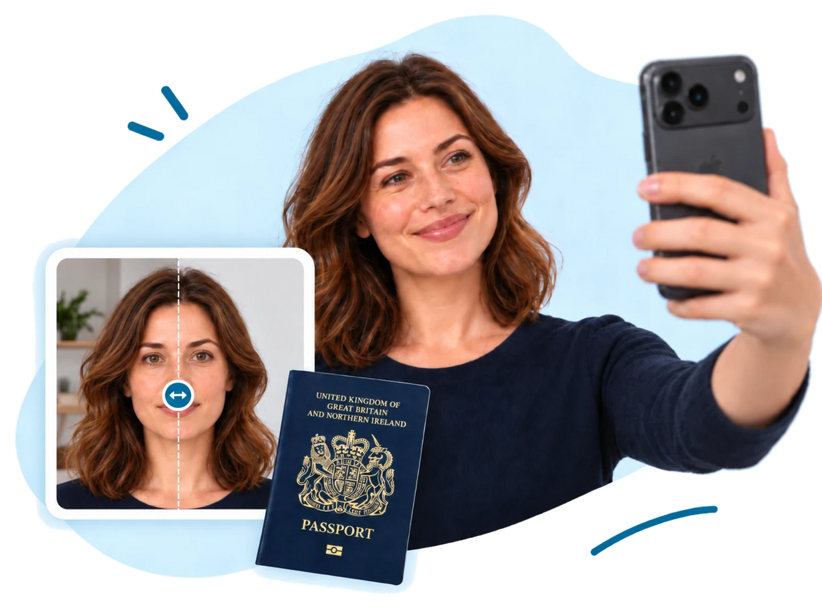 A woman taking a selfie on her phone, beside a before and after of her passport photo and a UK passport