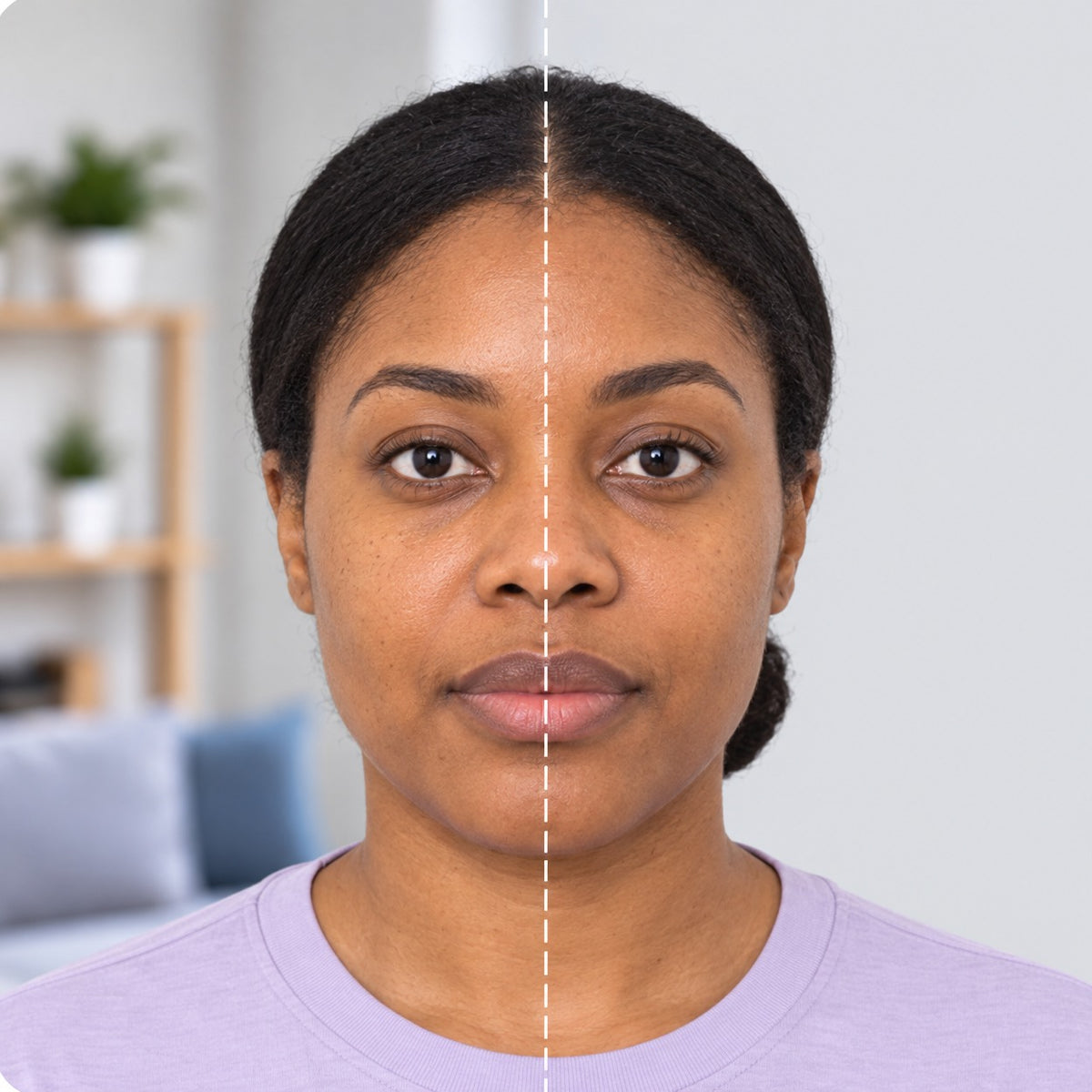 The same woman before and after: half in her living room, half on a plain light photo background