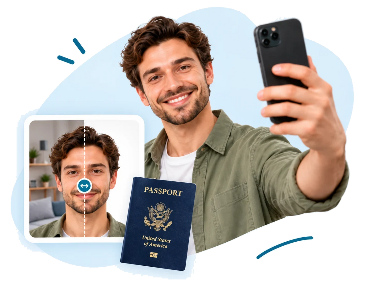 A man taking a selfie with his phone beside his finished US passport photo and a US passport