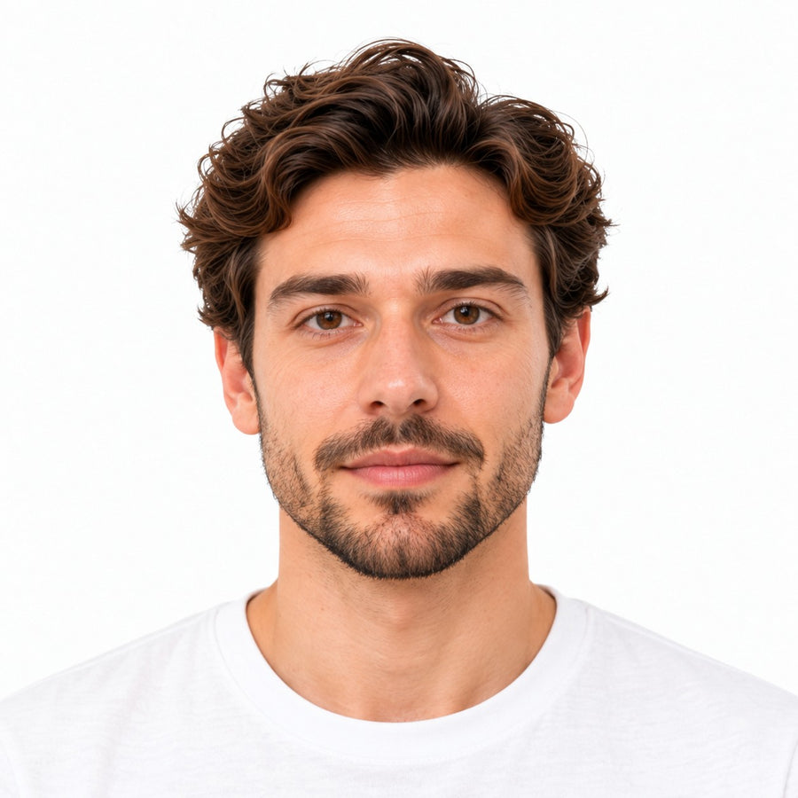 A finished US passport photo of a man on a plain white background, with its measurements marked